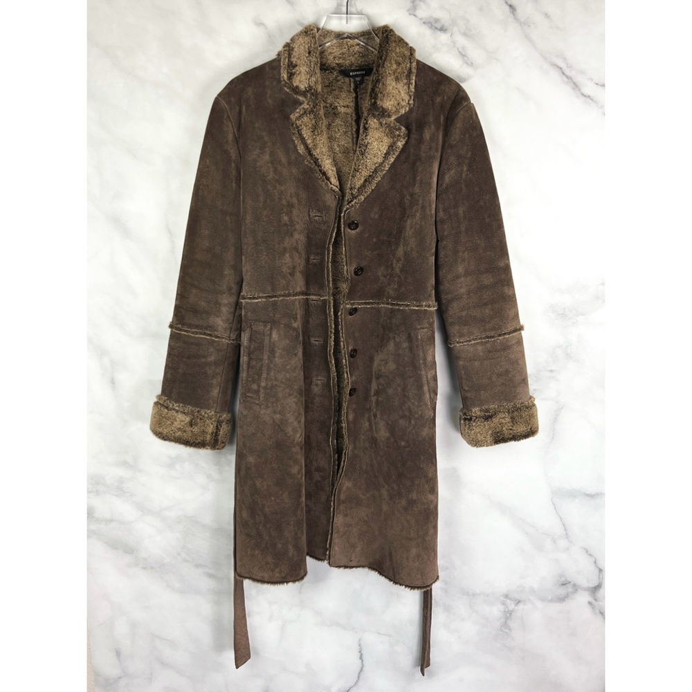 Express Vintage Y2K Suede Leather Faux Fur Belted Button Up Trench Coat Brown L - Picture 7 of 12